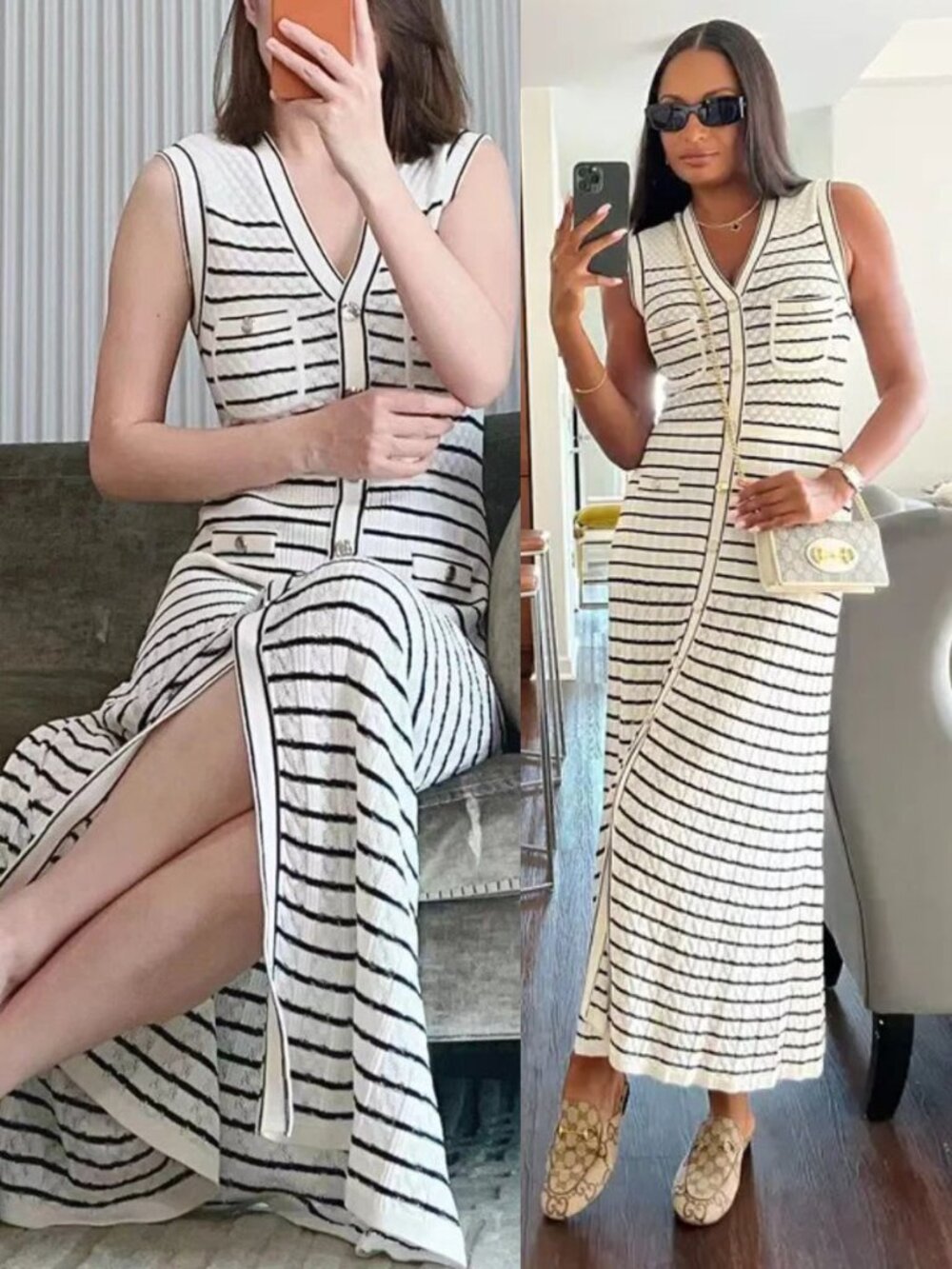 Sandro Molina Dress Striped Knit Black White Button Front Maxi NWT Size 36